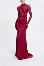 Lucia Burgundy Satin Mesh Cutout Ruched Dress Avalabel