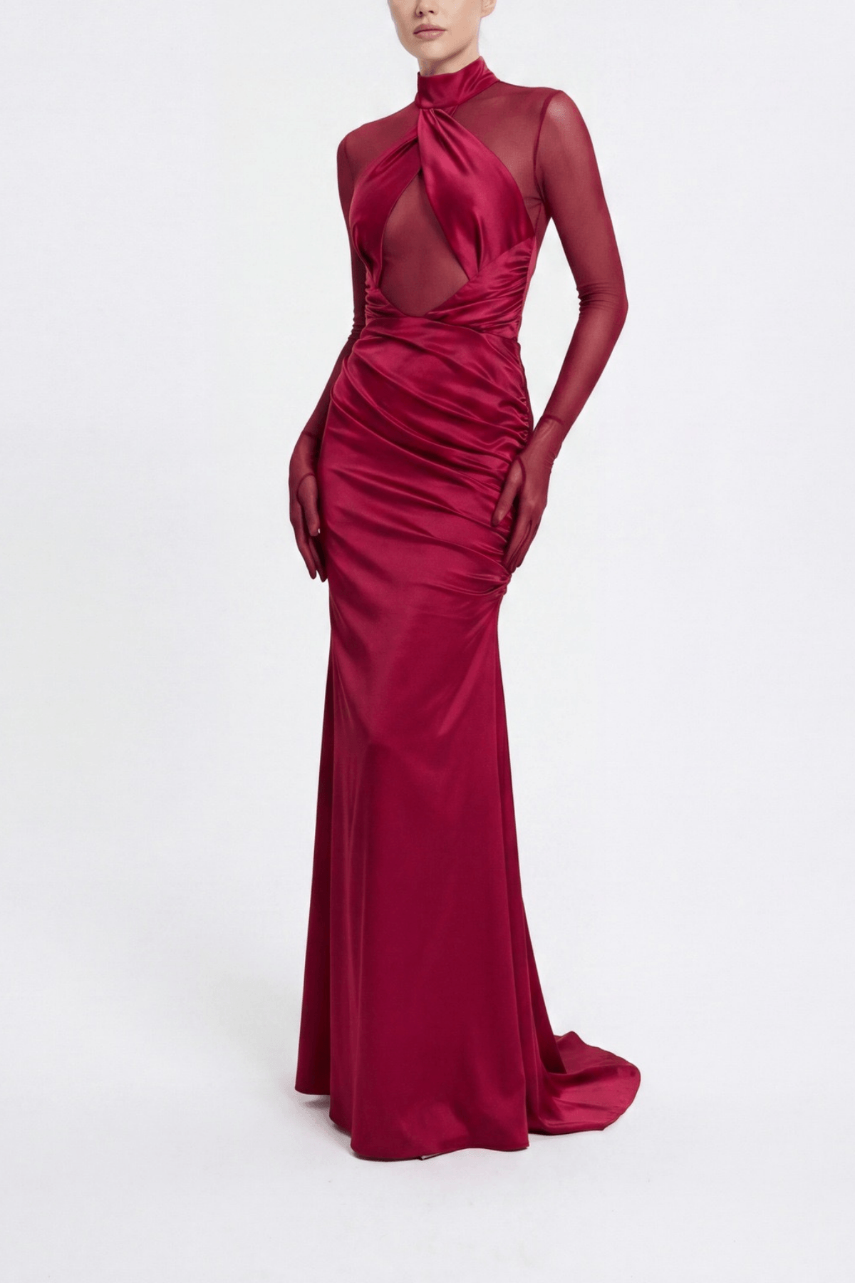 Lucia Burgundy Satin Mesh Cutout Ruched Dress Avalabel