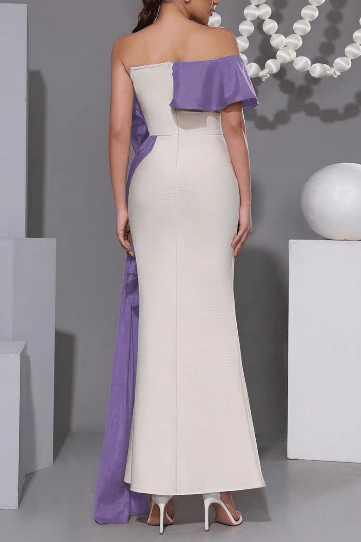 Mona Off‑Shoulder Contrast Ruffle Mermaid Dress in Purple Avalabel