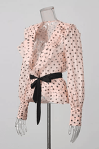 Polka Dot Ruffled V Neck Belted Lantern Sleeve Blouse Avalabel
