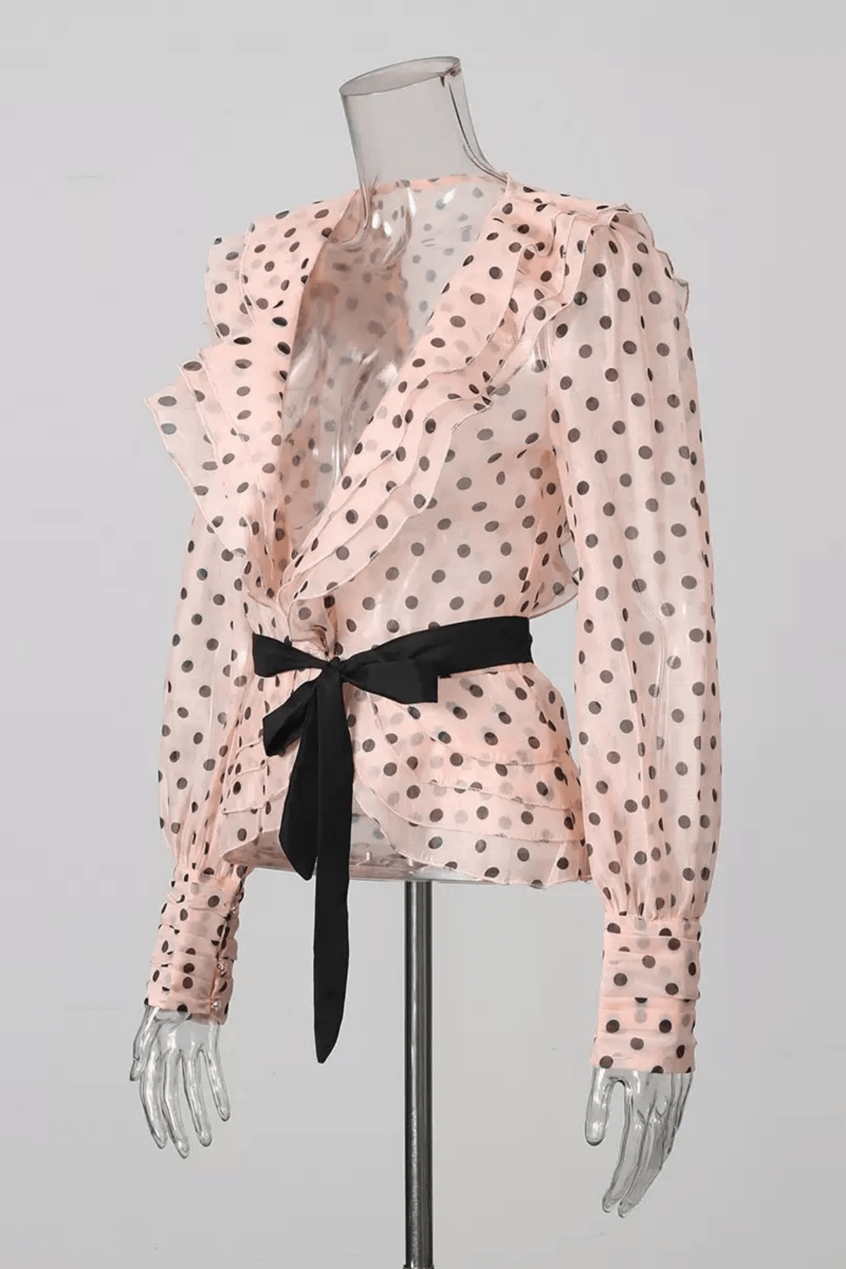 Polka Dot Ruffled V Neck Belted Lantern Sleeve Blouse Avalabel