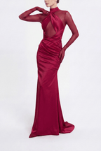 Lucia Burgundy Satin Mesh Cutout Ruched Dress Avalabel