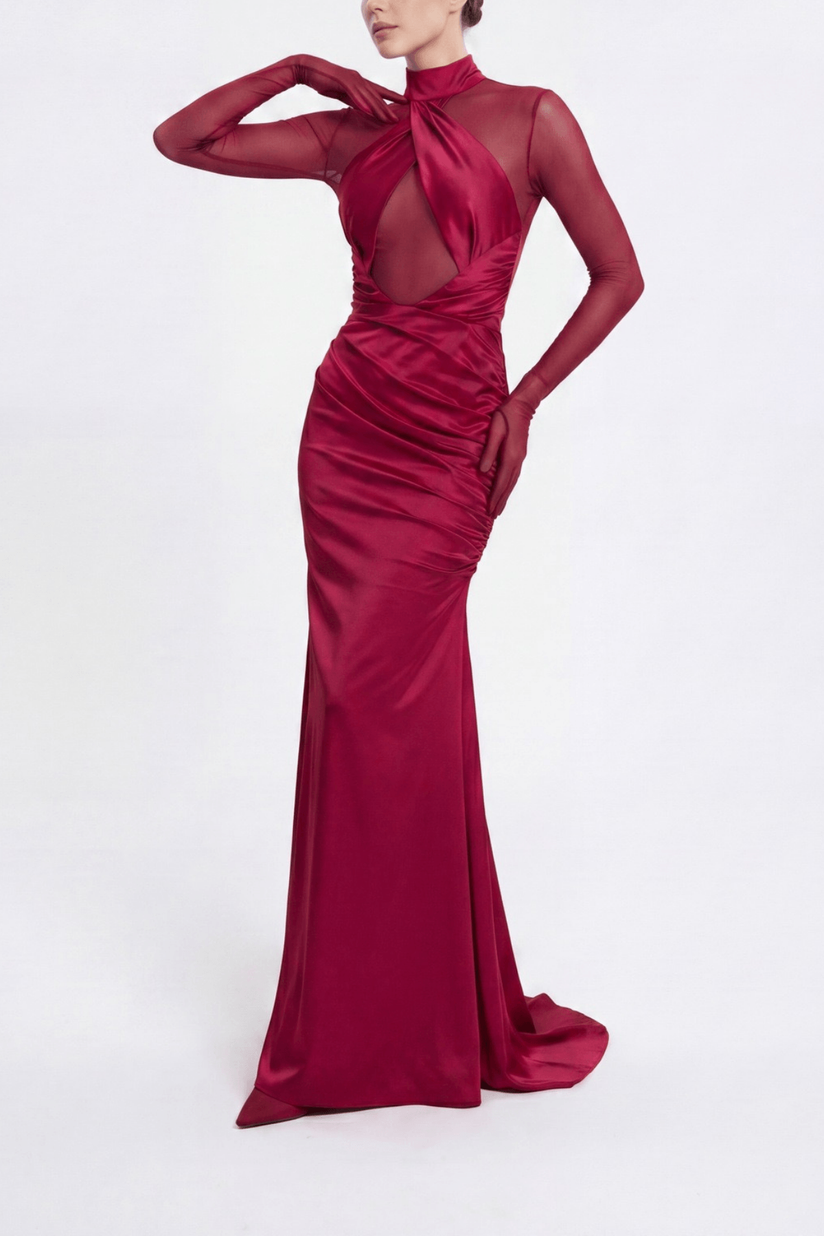 Lucia Burgundy Satin Mesh Cutout Ruched Dress Avalabel