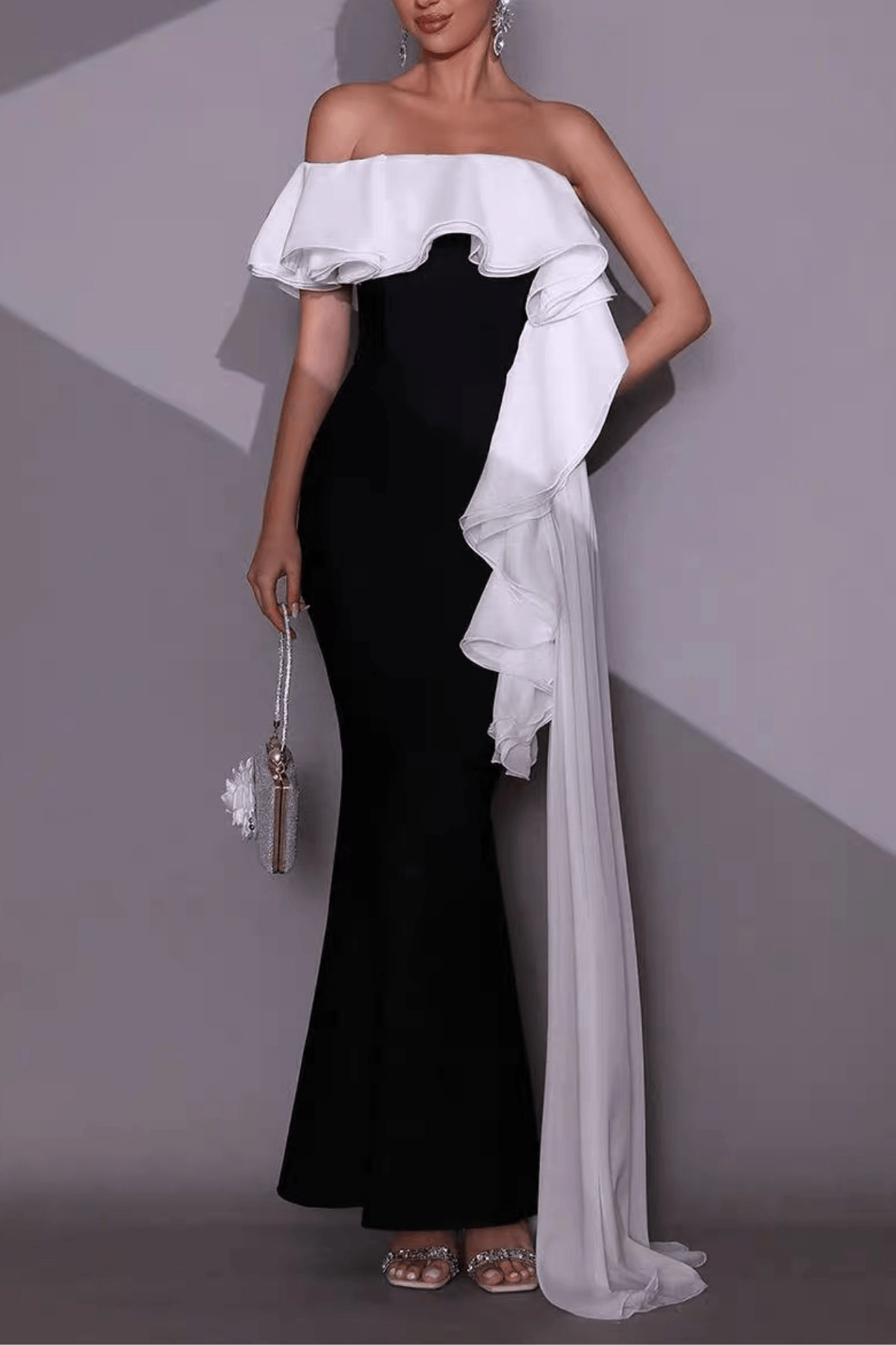 Mona Off‑Shoulder Contrast Ruffle Mermaid Dress Avalabel