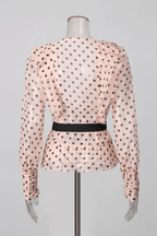 Polka Dot Ruffled V Neck Belted Lantern Sleeve Blouse Avalabel