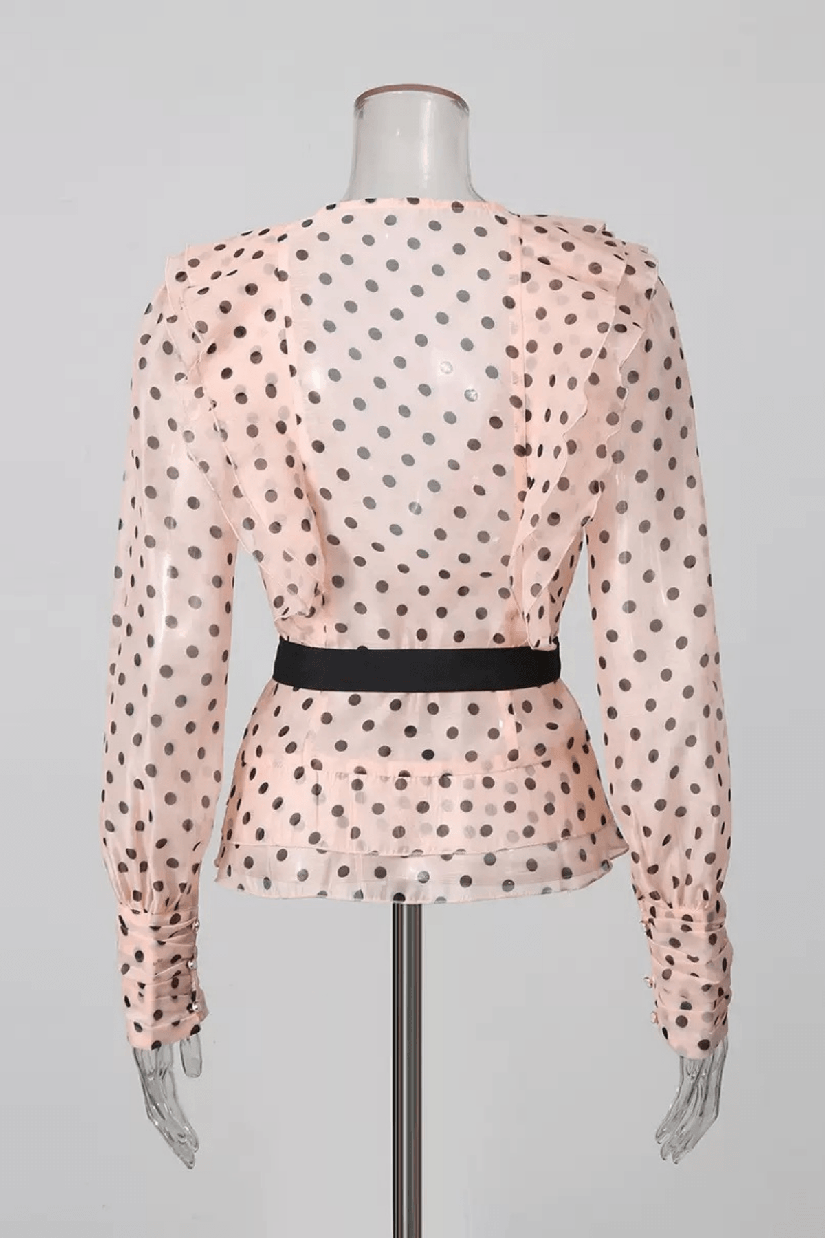 Polka Dot Ruffled V Neck Belted Lantern Sleeve Blouse Avalabel
