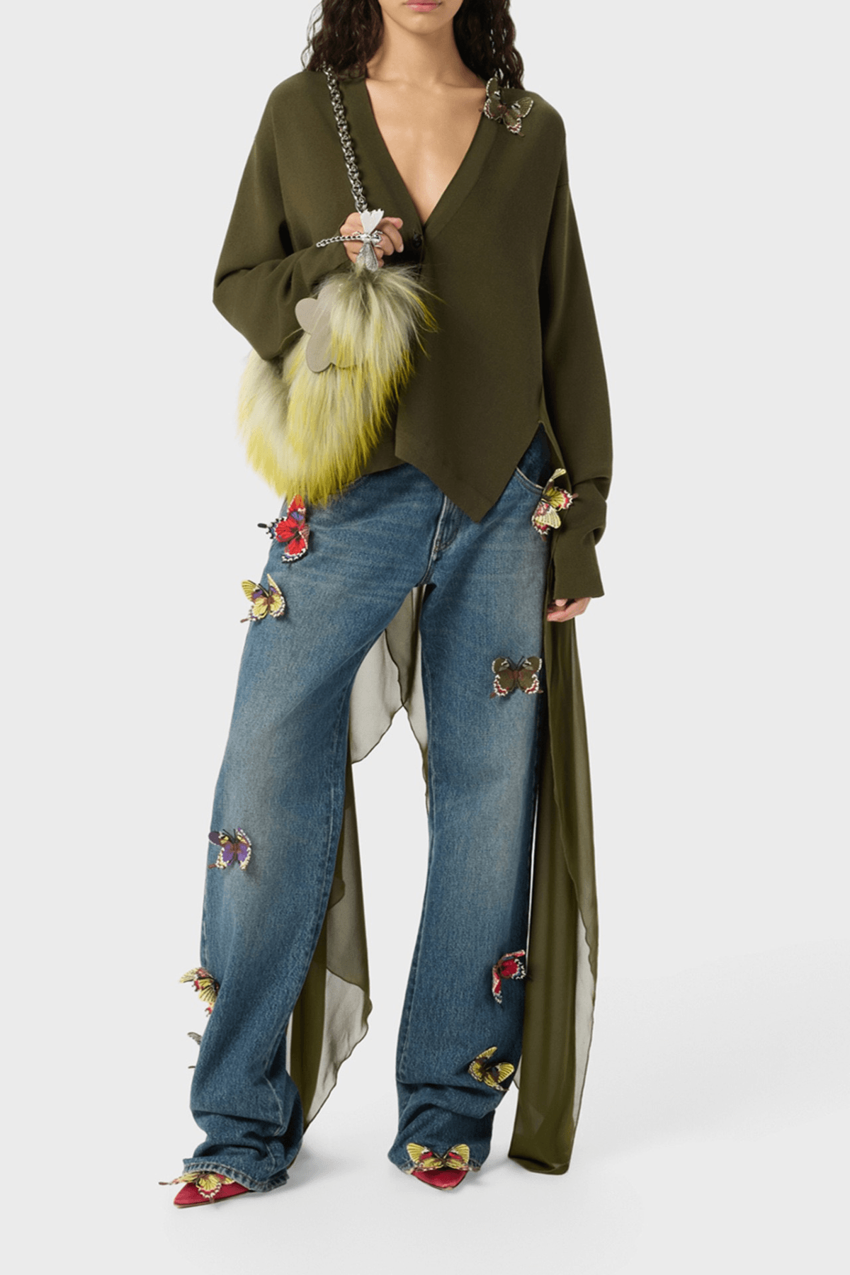 Olive Green Butterfly Embellished Asymmetric Sweater Avalabel