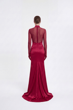 Lucia Burgundy Satin Mesh Cutout Ruched Dress Avalabel