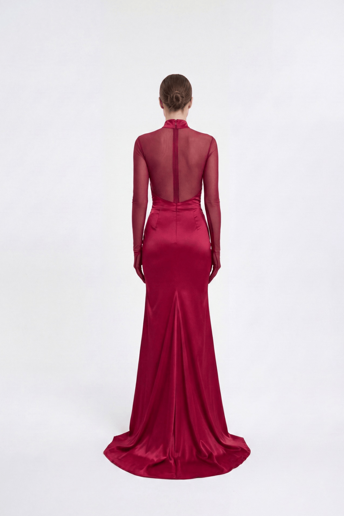 Lucia Burgundy Satin Mesh Cutout Ruched Dress Avalabel