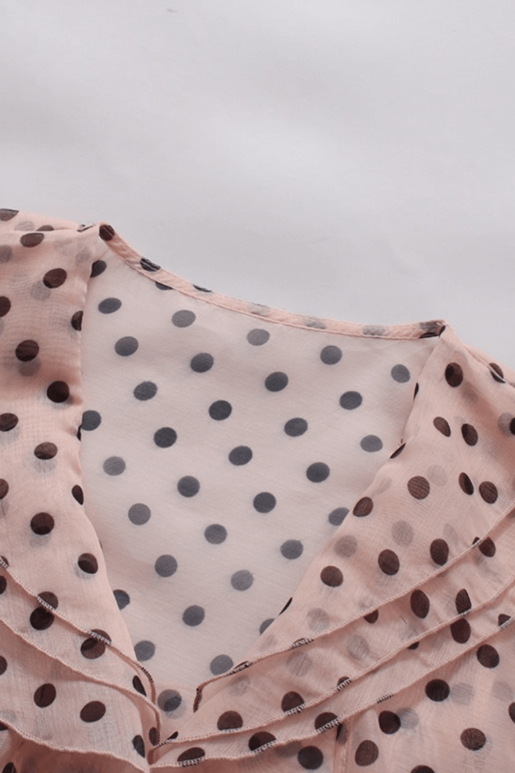 Polka Dot Ruffled V Neck Belted Lantern Sleeve Blouse Avalabel