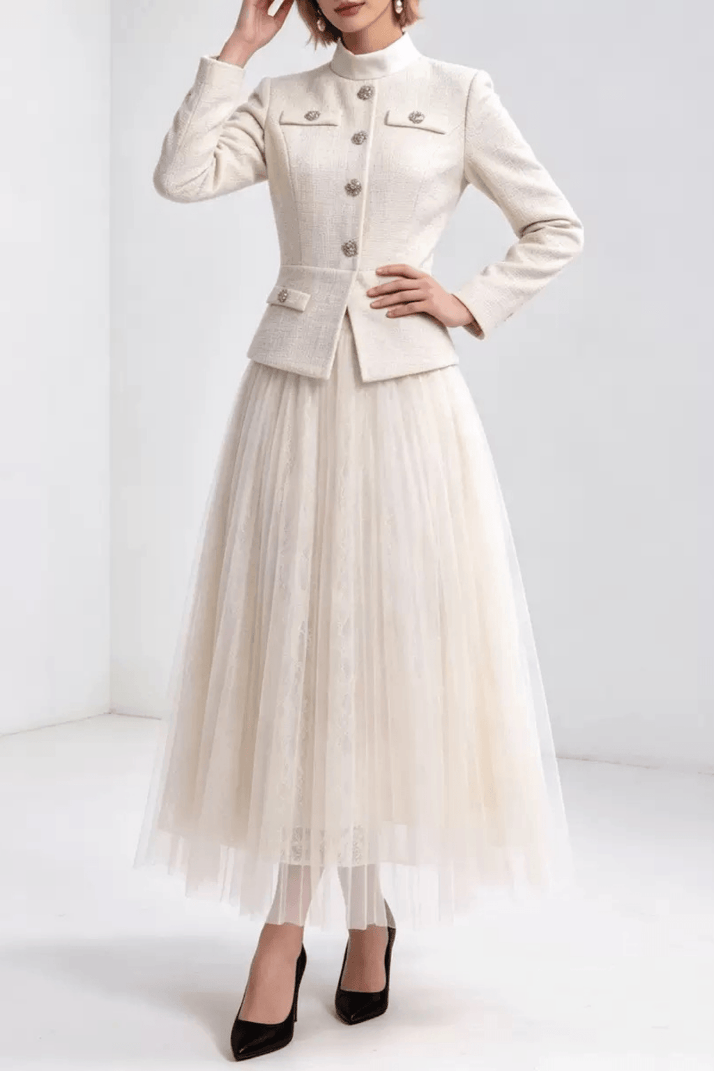 Lydia White Jacket and Tulle Midi Skirt Two Piece Set Avalabel