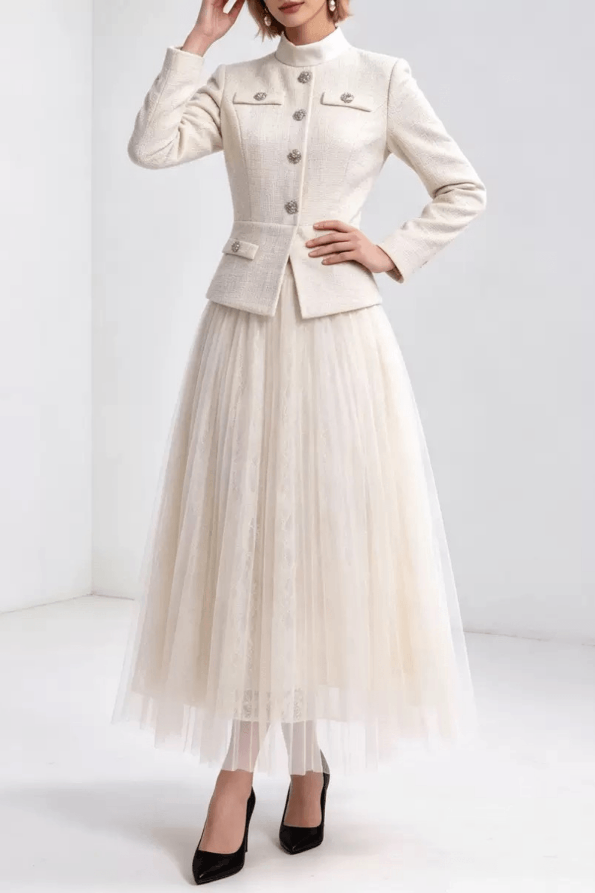 Lydia White Jacket and Tulle Midi Skirt Two Piece Set Avalabel