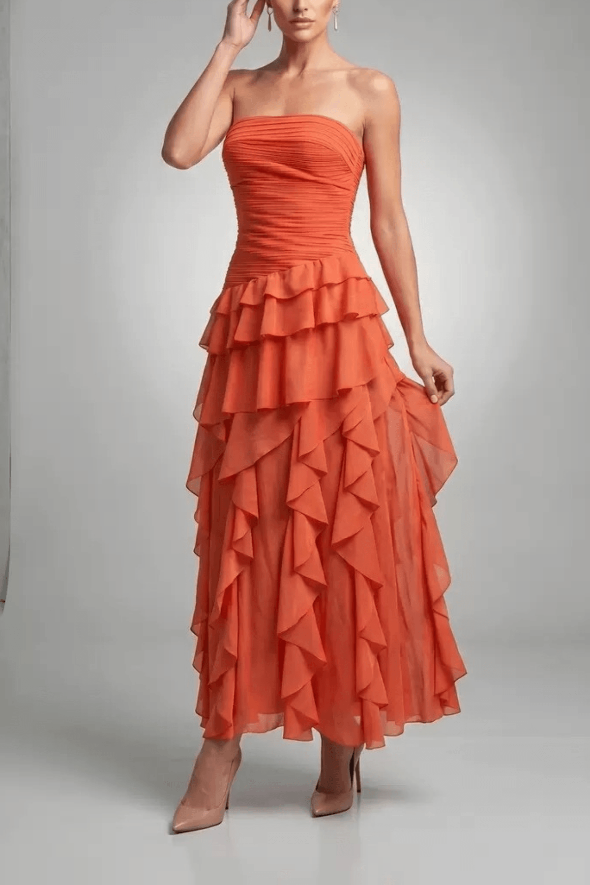 Elaine Strapless Ruched Tiered Ruffle Dress Avalabel