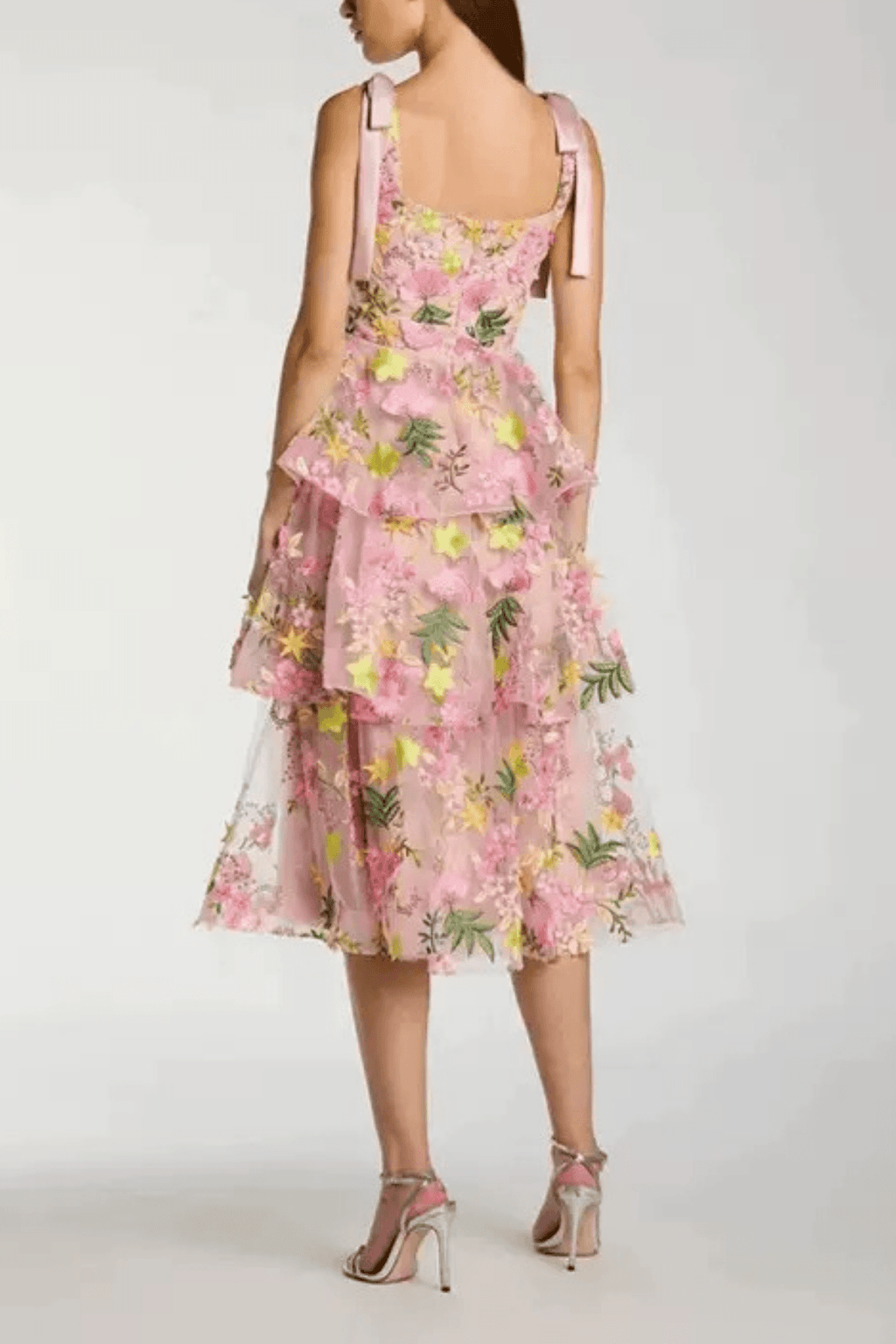 Bow Strap Floral Embroidered Tiered Midi Dress Avalabel