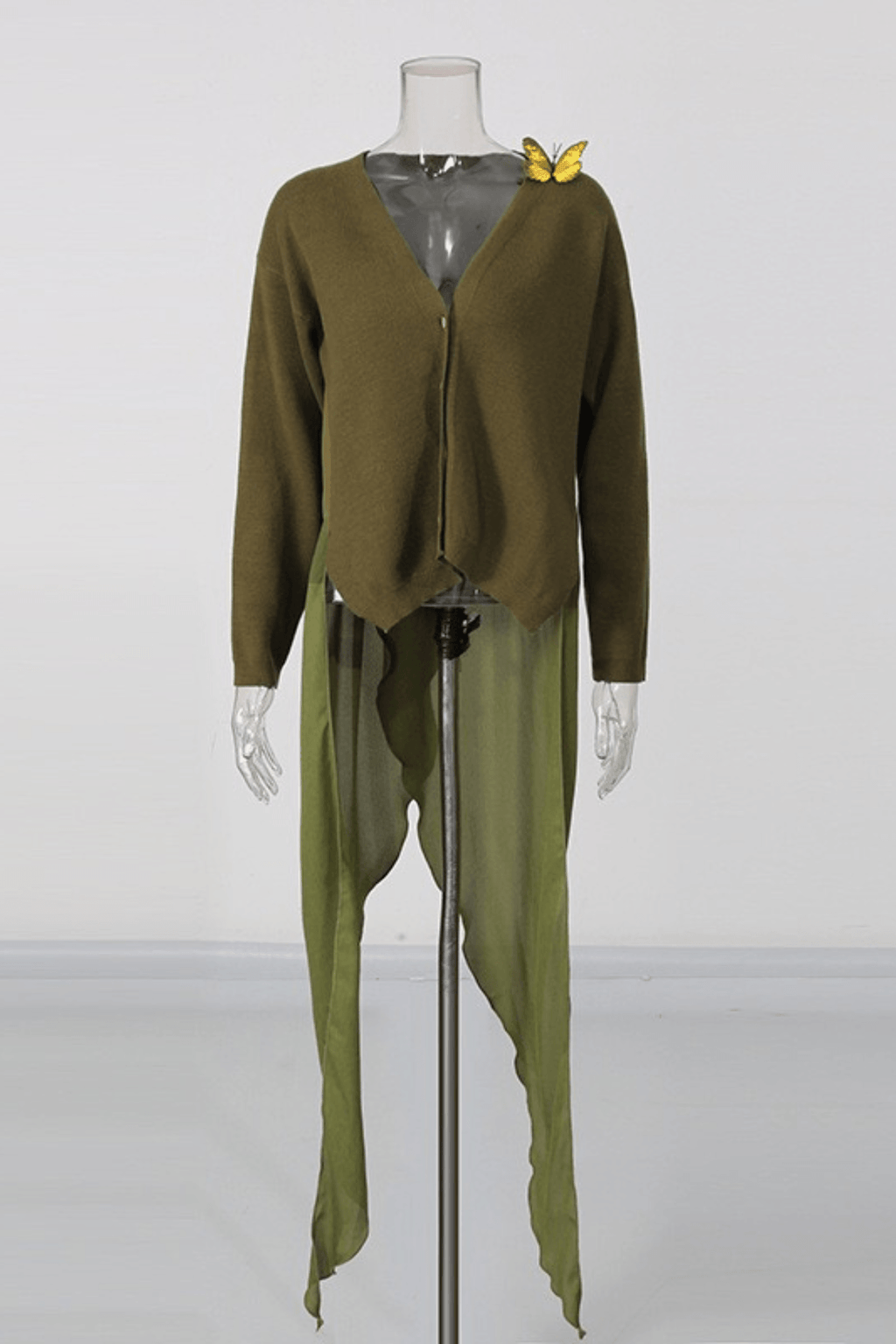 Olive Green Butterfly Embellished Asymmetric Sweater Avalabel