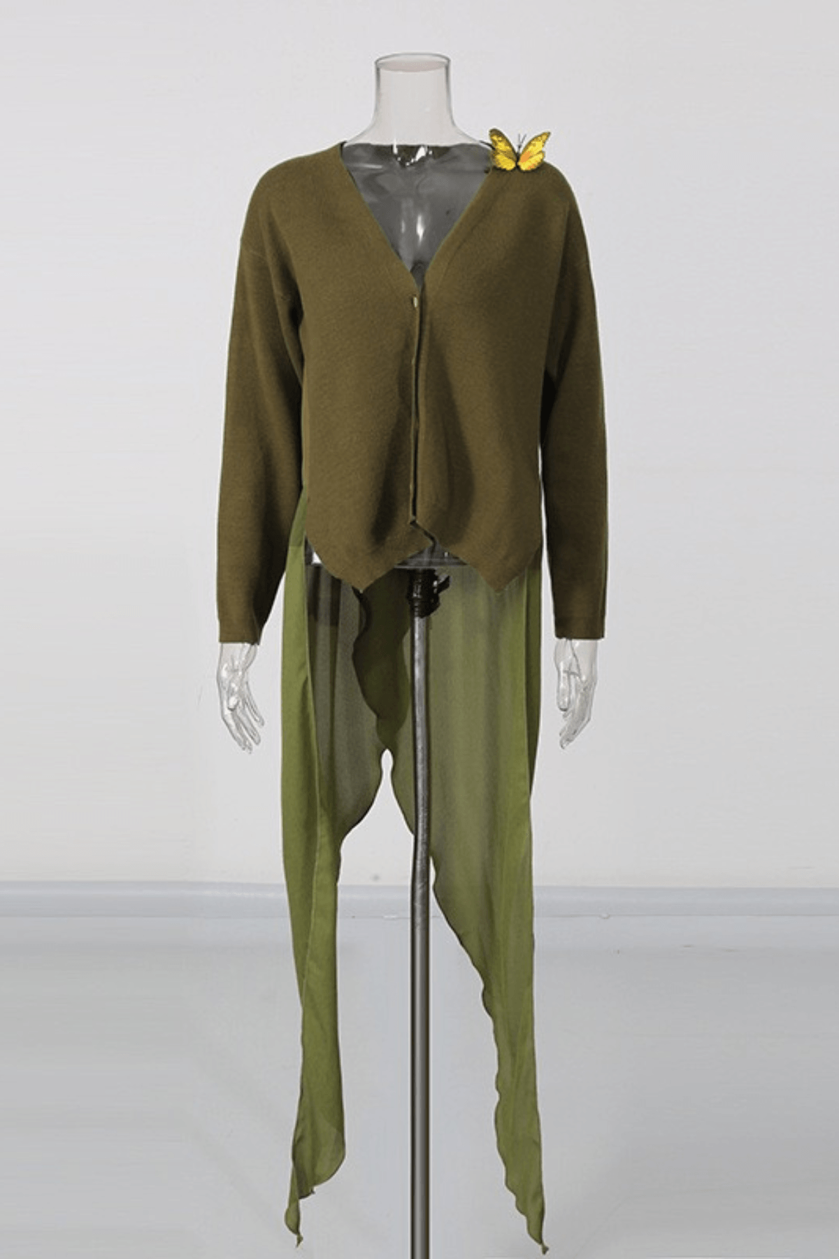 Olive Green Butterfly Embellished Asymmetric Sweater Avalabel