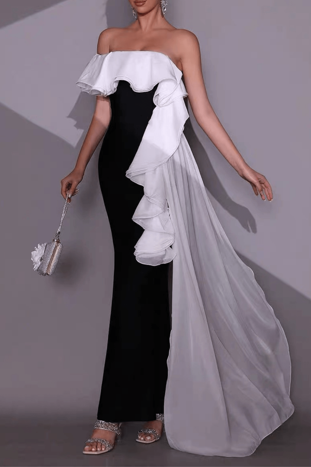 Mona Off‑Shoulder Contrast Ruffle Mermaid Dress Avalabel
