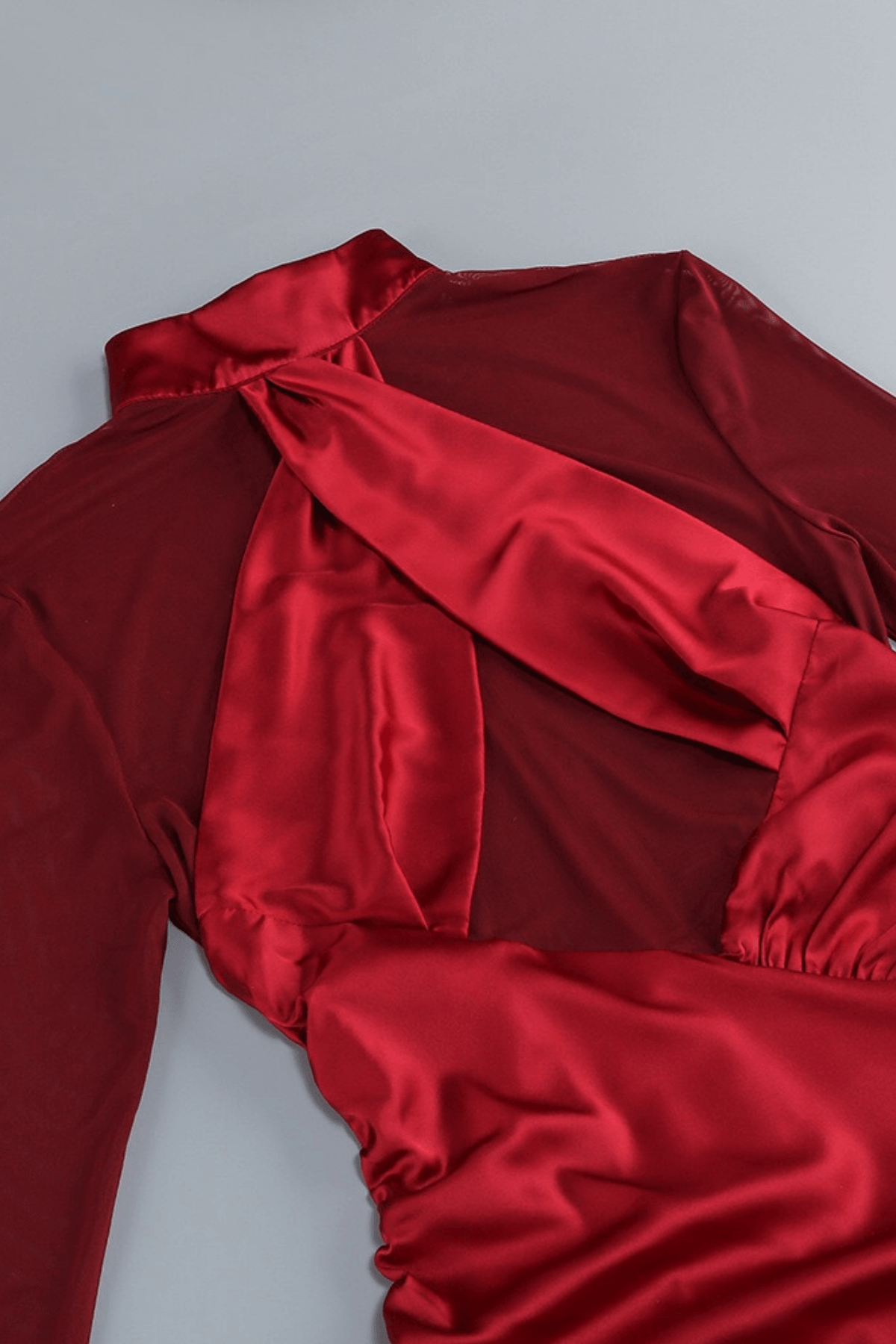 Lucia Burgundy Satin Mesh Cutout Ruched Dress Avalabel