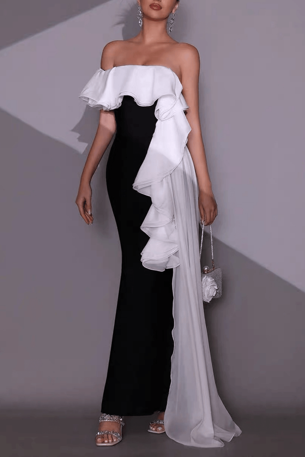 Mona Off‑Shoulder Contrast Ruffle Mermaid Dress Avalabel