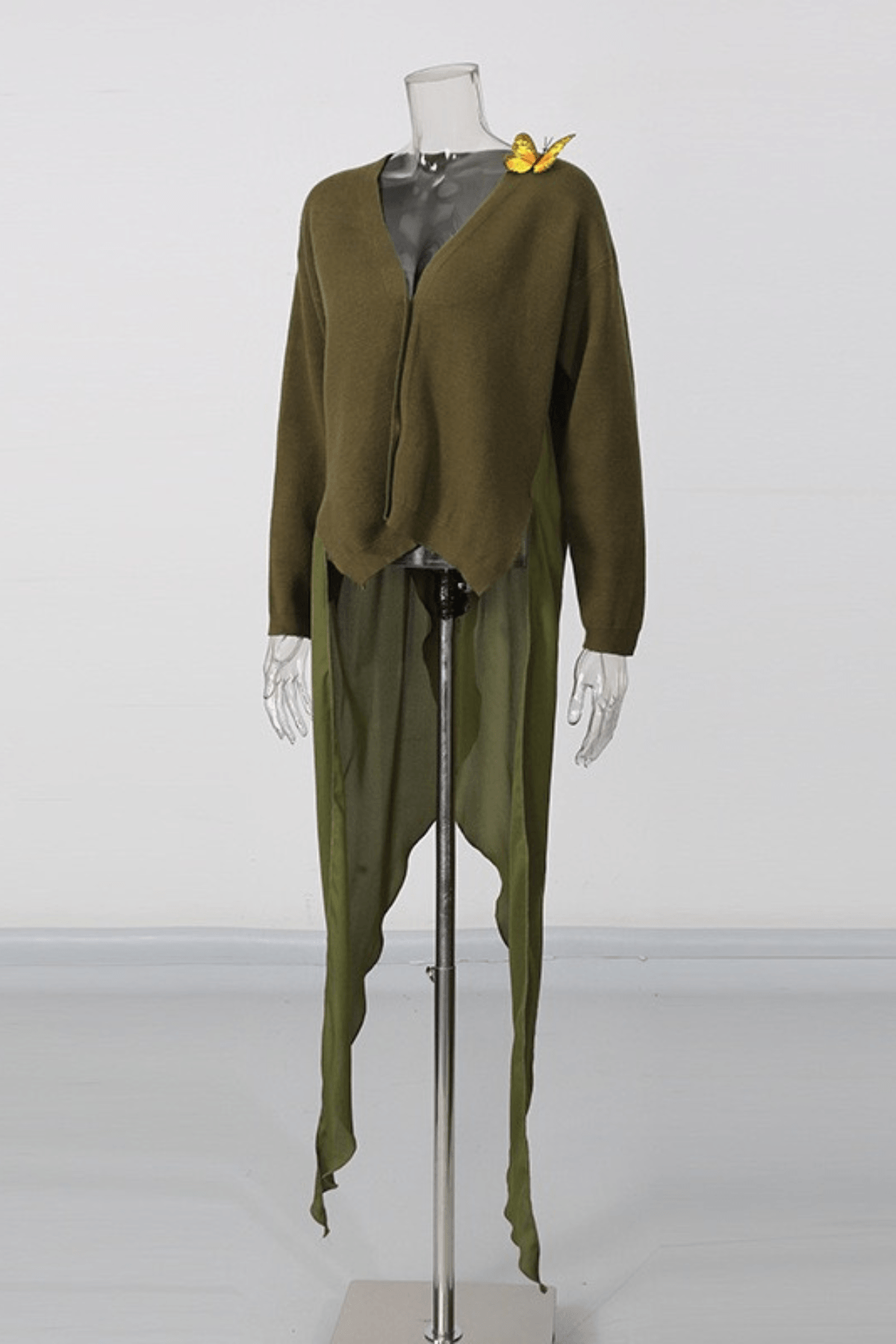 Olive Green Butterfly Embellished Asymmetric Sweater Avalabel