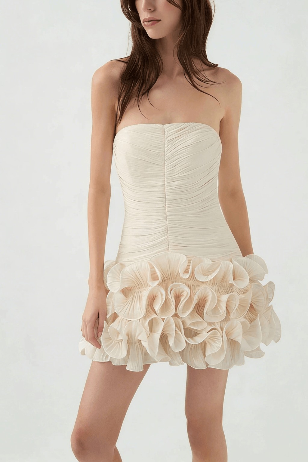 Gloria Ruched Strapless Mini Ruffle Hem Dress Avalabel