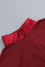 Lucia Burgundy Satin Mesh Cutout Ruched Dress Avalabel