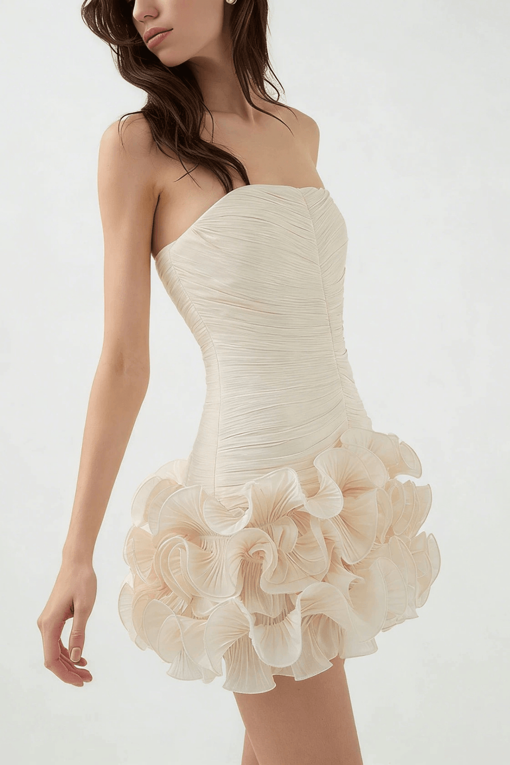 Gloria Ruched Strapless Mini Ruffle Hem Dress Avalabel