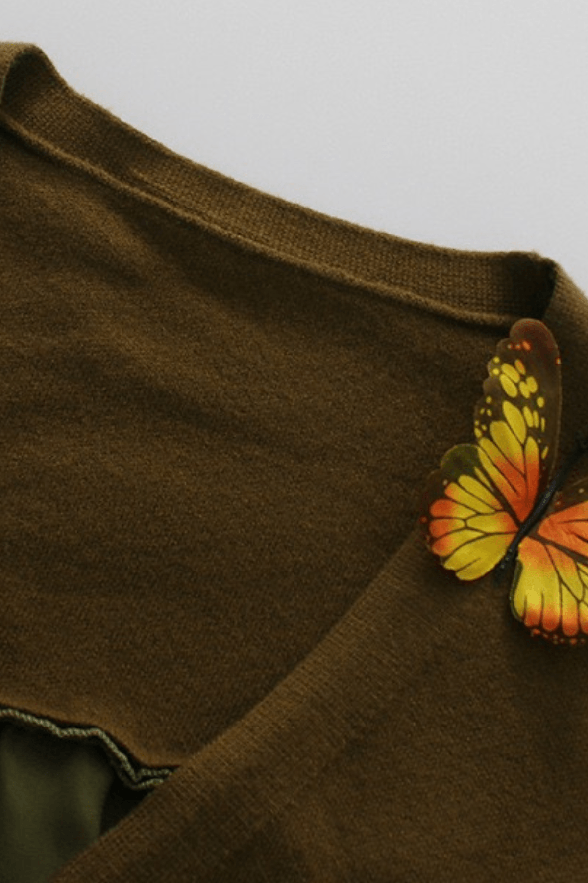 Olive Green Butterfly Embellished Asymmetric Sweater Avalabel