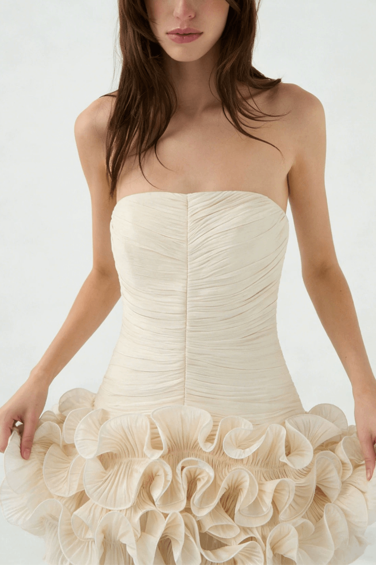 Gloria Ruched Strapless Mini Ruffle Hem Dress Avalabel