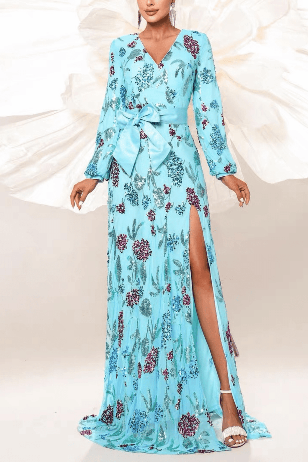 Merry Light Blue Sequin Floral Bow Slit Maxi Dress Avalabel