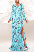 Merry Light Blue Sequin Floral Bow Slit Maxi Dress Avalabel