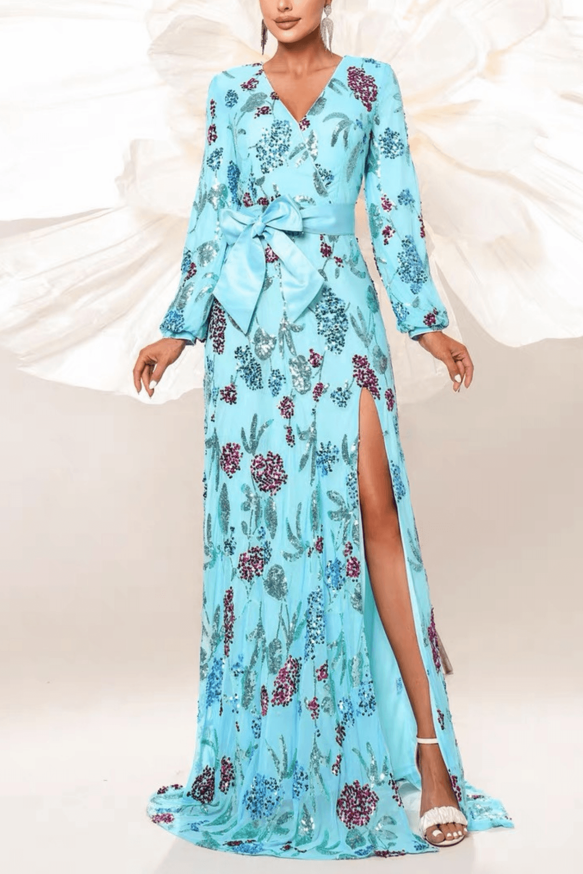 Merry Light Blue Sequin Floral Bow Slit Maxi Dress Avalabel
