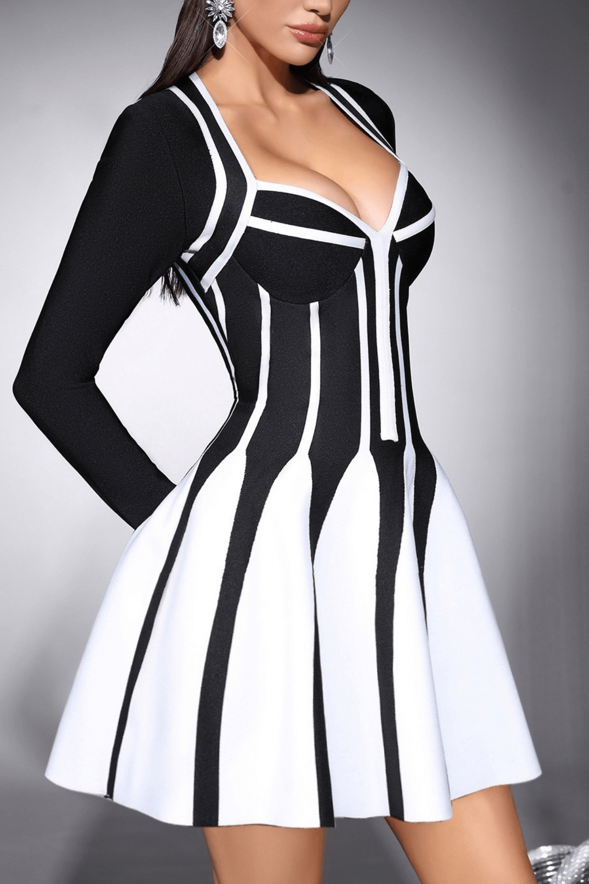 Karin Black White Striped Long Sleeve Mini Dress Avalabel
