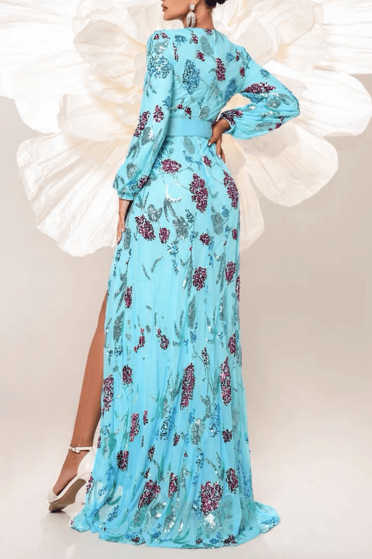 Merry Light Blue Sequin Floral Bow Slit Maxi Dress Avalabel