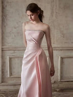 Mermaid Ruched Strapless Beading Pink Prom Dress Avalabel