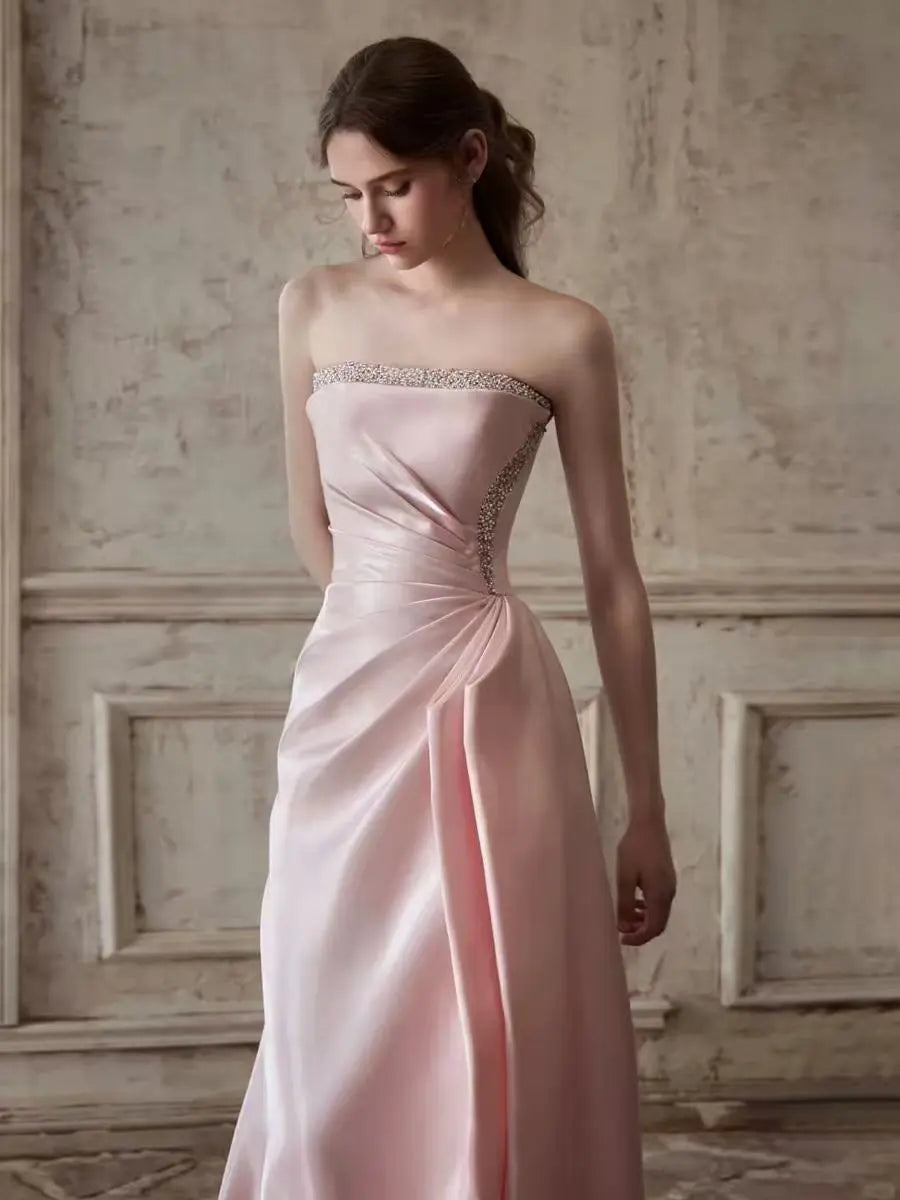 Mermaid Ruched Strapless Beading Pink Prom Dress Avalabel