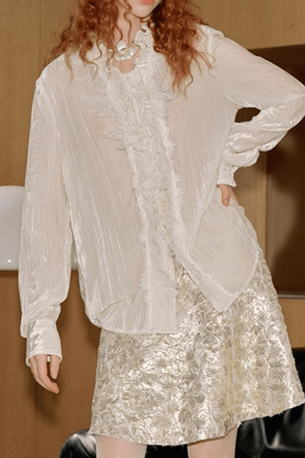 Cream Ruffle Lace Trim Long Sleeve Blouse Avalabel