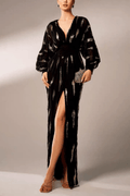 Molly Black Gold Sequin V‑Neck Slit Dress Avalabel