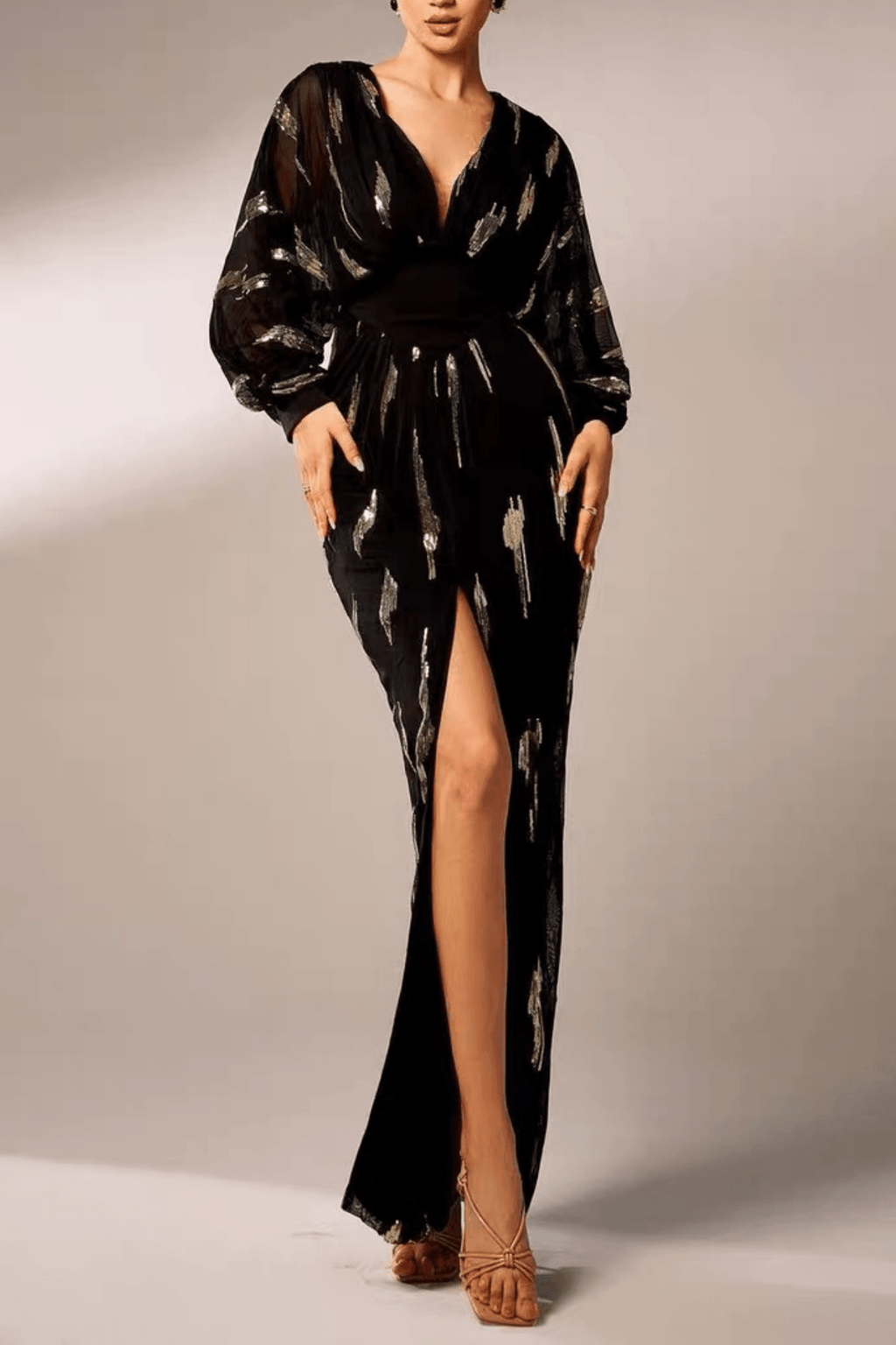 Molly Black Gold Sequin V‑Neck Slit Dress Avalabel