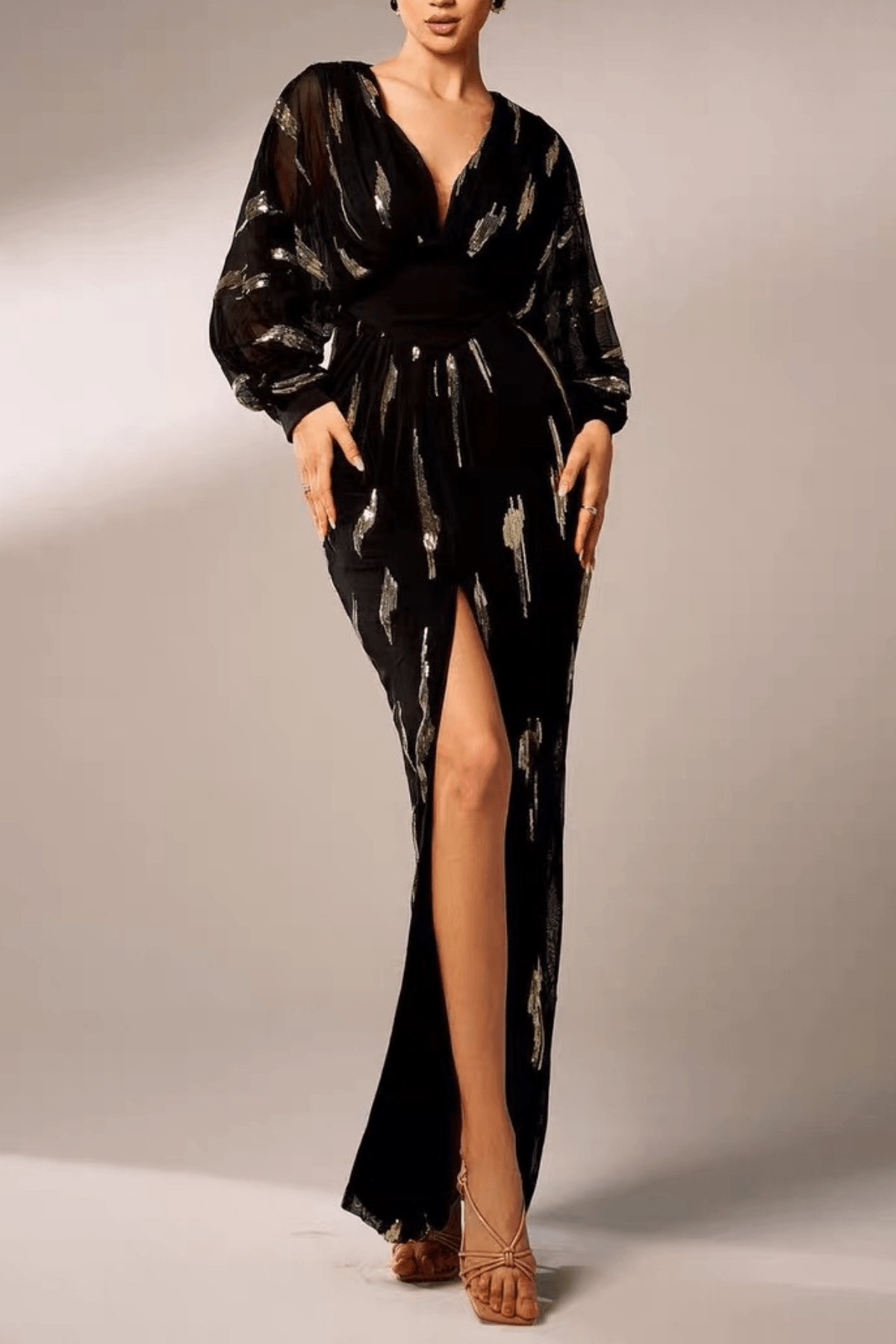 Molly Black Gold Sequin V‑Neck Slit Dress Avalabel
