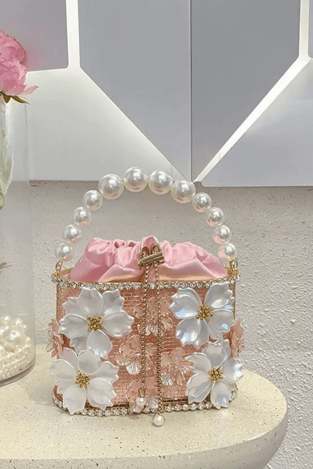 Janine Pink 3D Floral Evening Handbag Avalabel