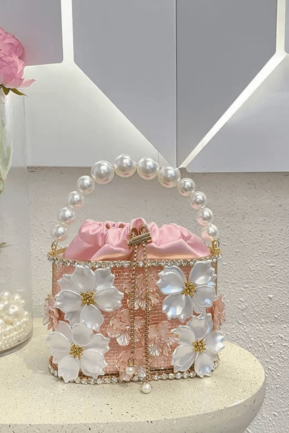 Janine Pink 3D Floral Evening Handbag Avalabel