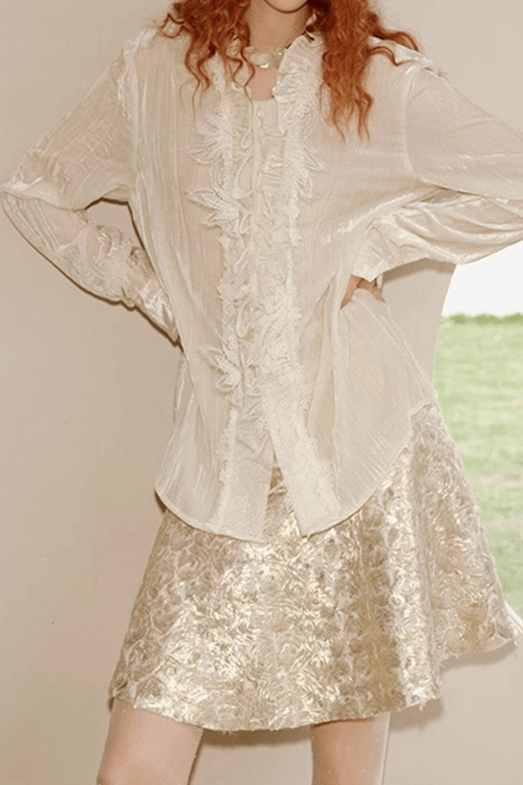 Cream Ruffle Lace Trim Long Sleeve Blouse Avalabel