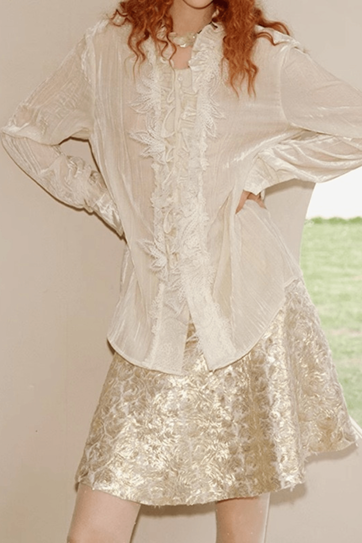 Cream Ruffle Lace Trim Long Sleeve Blouse Avalabel