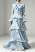 Laura Light Blue Bell Sleeve Tiered Ruffle Dress Avalabel