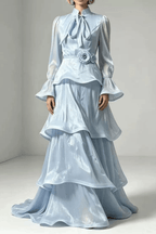 Laura Light Blue Bell Sleeve Tiered Ruffle Dress Avalabel