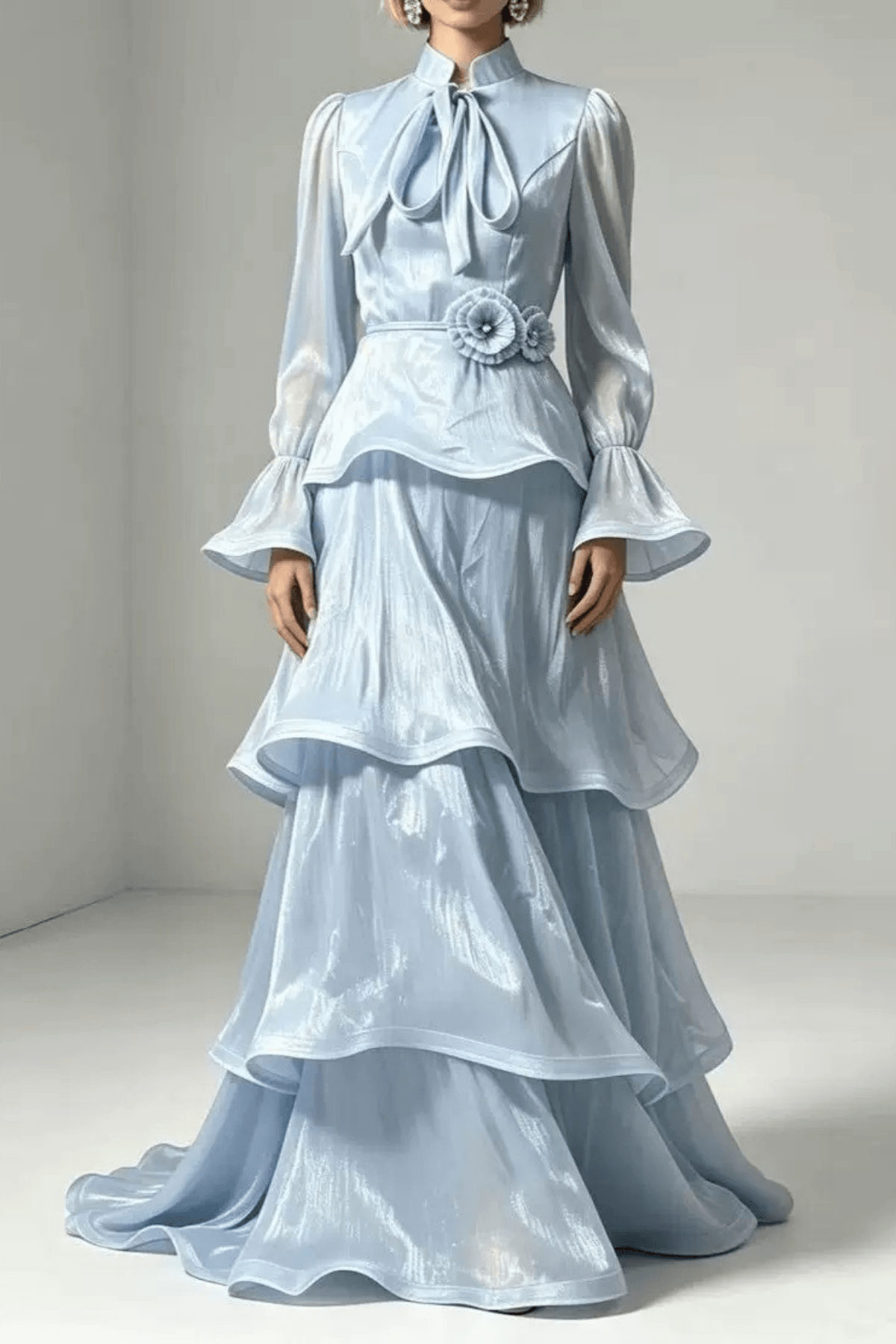 Laura Light Blue Bell Sleeve Tiered Ruffle Dress Avalabel