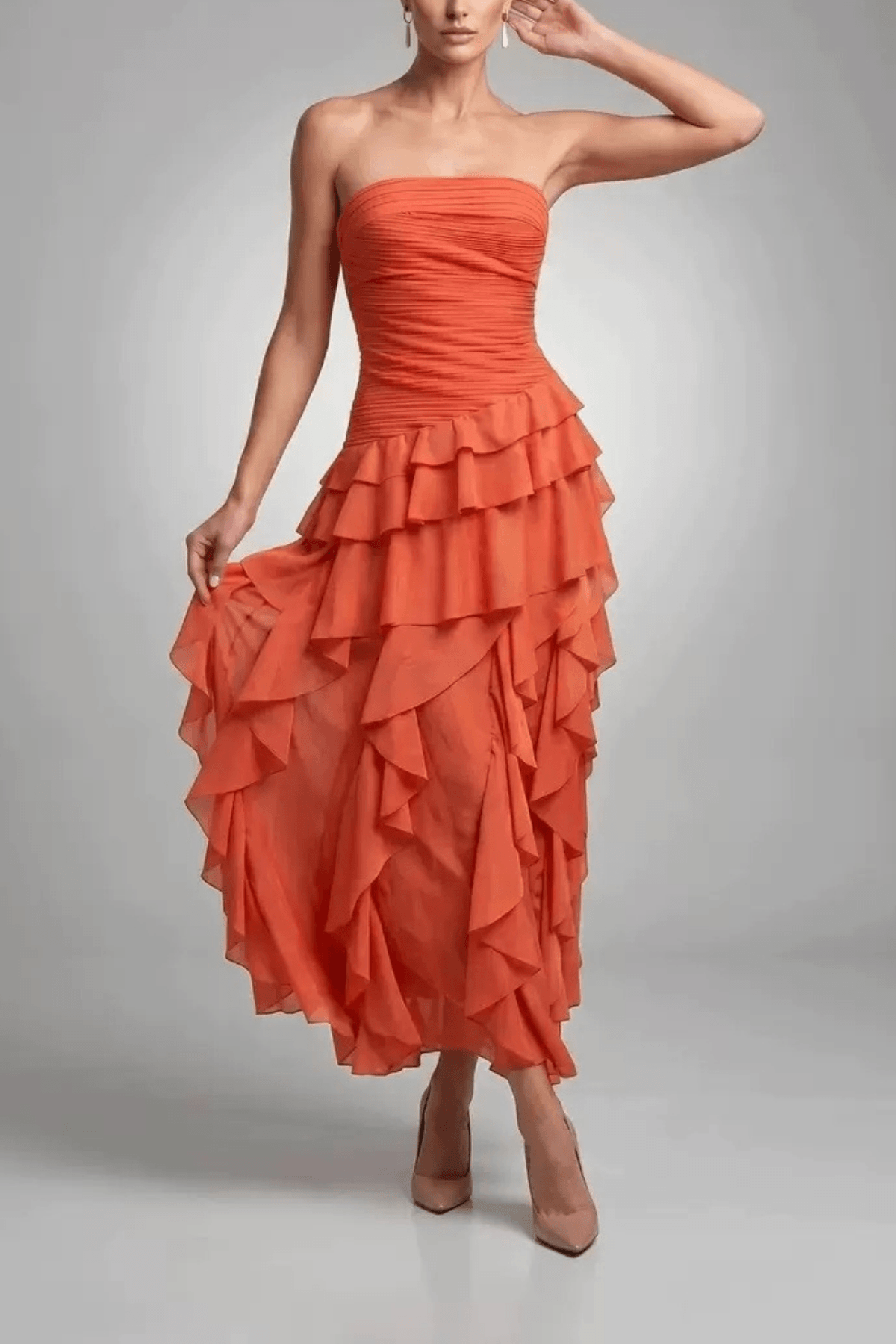 Elaine Strapless Ruched Tiered Ruffle Dress Avalabel