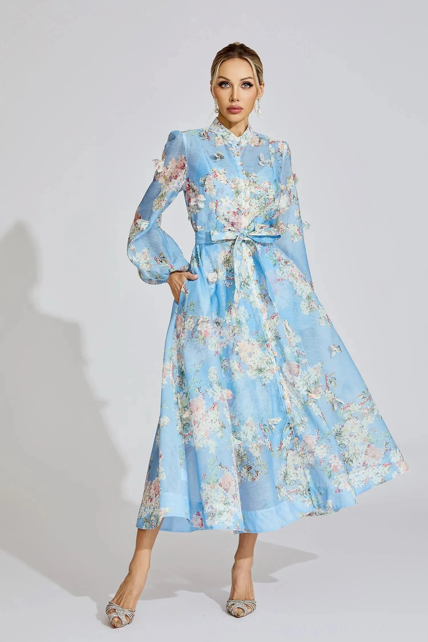 Tiffany Pale Blue Floral Printed Puff Sleeve Maxi Dress Avalabel