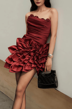 Giselle Strapless Ruched Floral Ruffle Mini Dress Avalabel
